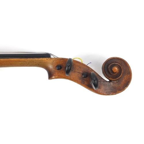 276 - Old wooden violin with one piece back and scrolled neck, together with two unnamed violin bows and f... 