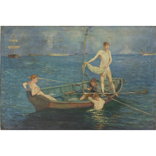 1022 - Nude boys bathing in the sea coastal scene, oil onto canvas, bearing a signature H S Tucke, unframed... 