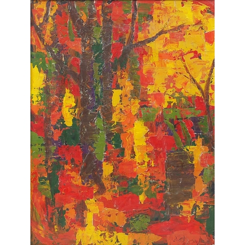 1027 - Abstract composition, oil onto canvas, bearing an indistinct signature and inscription Autumn Gerrit... 