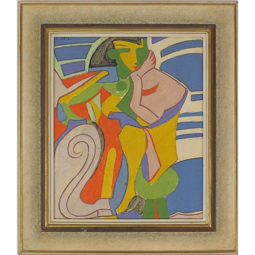 1111 - Abstract composition, surreal seated figure, bearing a signature A Chote, framed, 44cm x 36cm