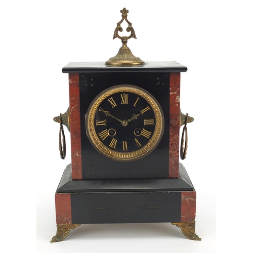 2104 - Victorian black slate and marble mantel clock with ornate brass handles and finials, with Roman nume... 