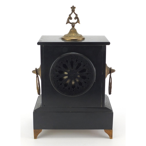 2104 - Victorian black slate and marble mantel clock with ornate brass handles and finials, with Roman nume... 