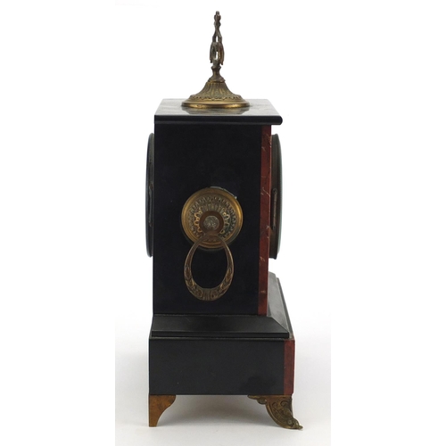 2104 - Victorian black slate and marble mantel clock with ornate brass handles and finials, with Roman nume... 