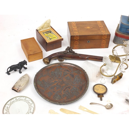 179 - Box of assorted wooden and metal items including silver plate, inlaid sewing box, Oriental tray and ... 