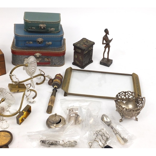 179 - Box of assorted wooden and metal items including silver plate, inlaid sewing box, Oriental tray and ... 