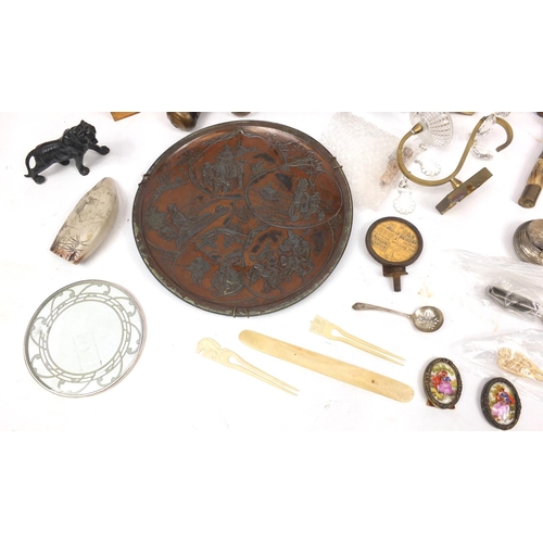 179 - Box of assorted wooden and metal items including silver plate, inlaid sewing box, Oriental tray and ... 