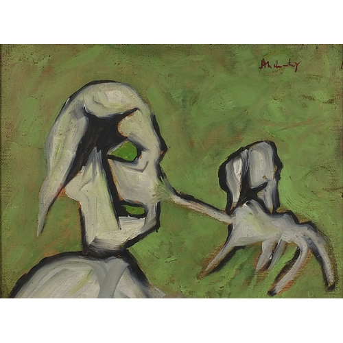 1205 - Abstract composition, surreal figure and a dog, oil onto board, bearing an indistinct signature and ... 