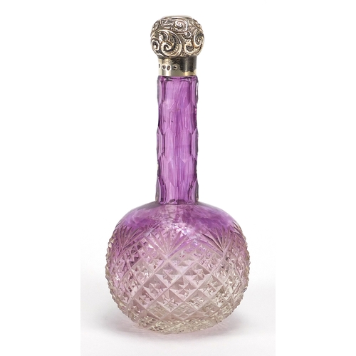 19 - Victorian purple and clear glass silver topped scent bottle, the silver top embossed with foliage, M... 