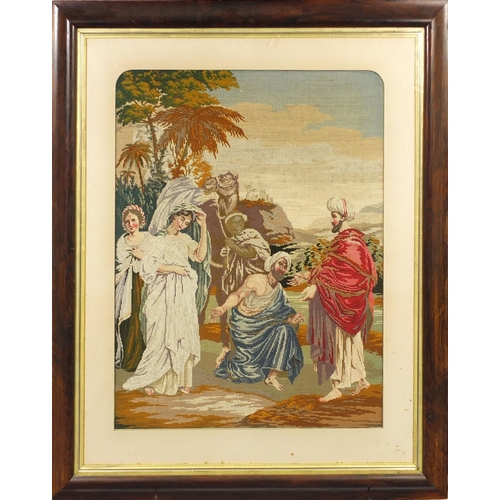 31 - Large 19th century religious tapestry of a biblical scene, housed in a rosewood frame, 77cm x 60cm