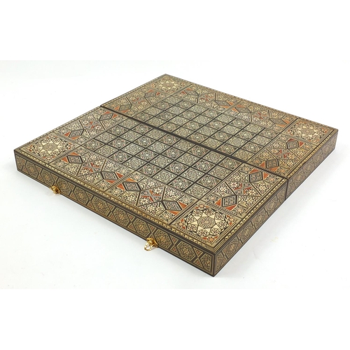 2122 - Vizagapatum style inlaid folding backgammon games board, 54cm wide when closed