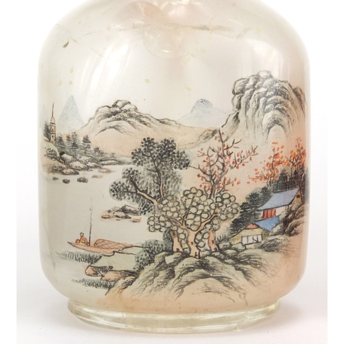 487 - Five Chinese snuff bottles including two glass examples hand painted to the interior, one with a riv... 