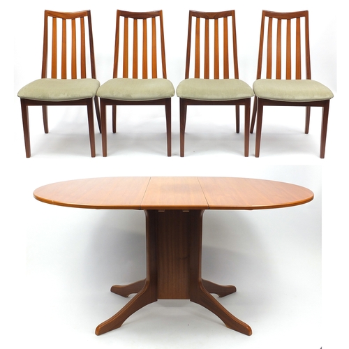 59 - Teak D end dining table with four chairs, the table 73cm H x 150cm W x 100cm D