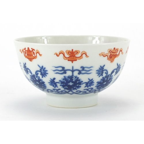 416 - Chinese porcelain footed bowl hand painted under glaze blue and white with flowers and foliage, hand... 