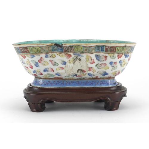 419 - Chinese porcelain footed bowl with turquoise interior on shaped hardwood stand, hand painted in the ... 