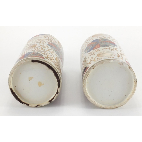 421 - Pair of Chinese porcelain cylindrical vases, possibly Kangxi period, both hand painted in the Imari ... 