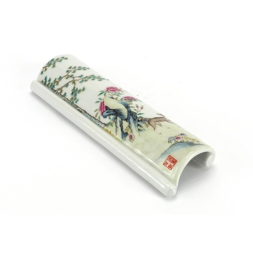 427 - Chinese porcelain scholars wrist rest, hand painted in the famille rose palette with a dog underneat... 