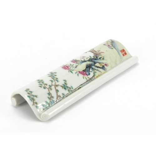 427 - Chinese porcelain scholars wrist rest, hand painted in the famille rose palette with a dog underneat... 