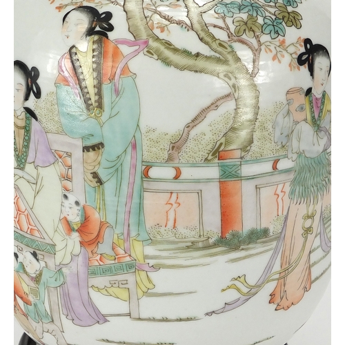429 - Chinese porcelain bottle vase hand on hardwood stand, painted in the famille rose palette with figur... 