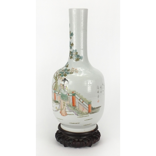 429 - Chinese porcelain bottle vase hand on hardwood stand, painted in the famille rose palette with figur... 