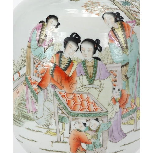 429 - Chinese porcelain bottle vase hand on hardwood stand, painted in the famille rose palette with figur... 