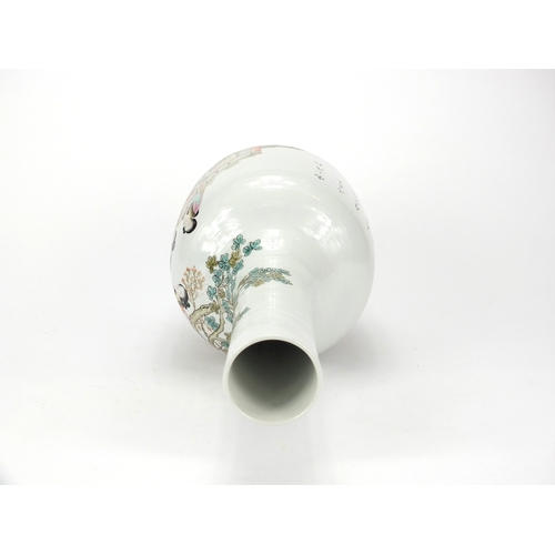 429 - Chinese porcelain bottle vase hand on hardwood stand, painted in the famille rose palette with figur... 