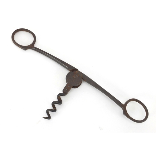 75 - 19th century German steel scissor action corkscrew, 10cm in length