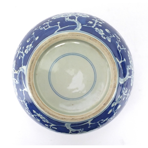 440 - Chinese blue and white porcelain jardinière hand painted with Prunus flowers, blue under glazed ring... 