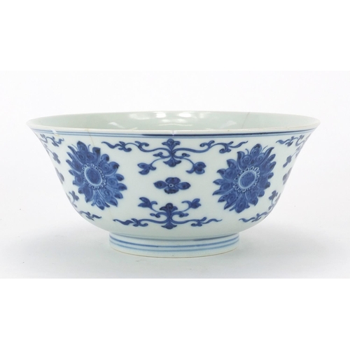 441 - Chinese blue and white porcelain bowl, hand painted with flowers and foliate scrolls, six figure Qia... 