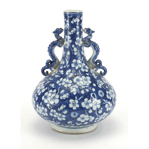 444 - Chinese blue and white porcelain vase with twin dragon handles, hand painted with Prunus flowers, 21... 