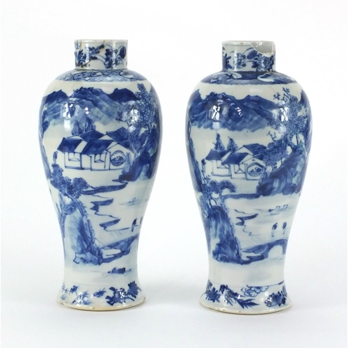 446 - Pair of Chinese blue and white baluster vases, both hand painted with figures and a river landscape,... 