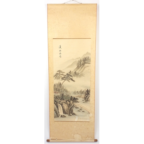 531 - Chinese watercolour paper scroll, waterfall landscape, with script and character marks, 102cm x 44cm