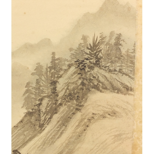 531 - Chinese watercolour paper scroll, waterfall landscape, with script and character marks, 102cm x 44cm