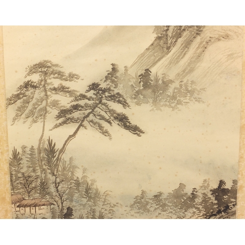 531 - Chinese watercolour paper scroll, waterfall landscape, with script and character marks, 102cm x 44cm