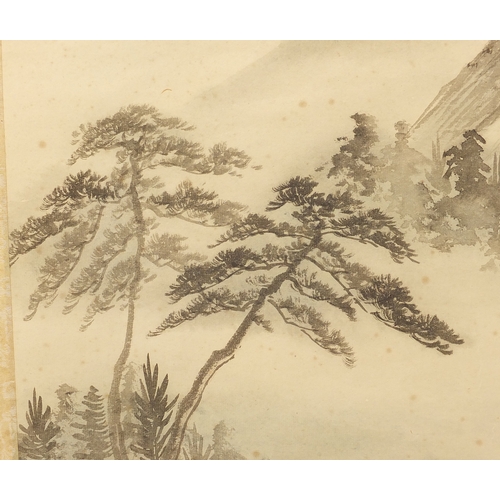 531 - Chinese watercolour paper scroll, waterfall landscape, with script and character marks, 102cm x 44cm