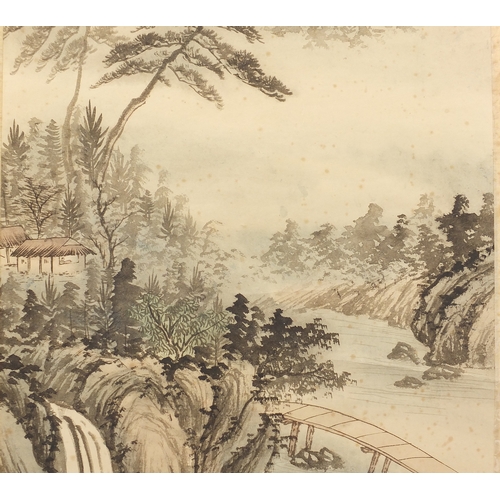 531 - Chinese watercolour paper scroll, waterfall landscape, with script and character marks, 102cm x 44cm