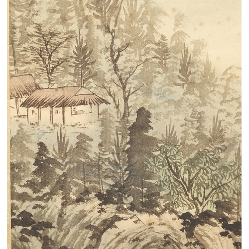 531 - Chinese watercolour paper scroll, waterfall landscape, with script and character marks, 102cm x 44cm