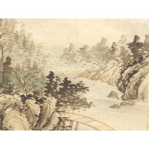 531 - Chinese watercolour paper scroll, waterfall landscape, with script and character marks, 102cm x 44cm