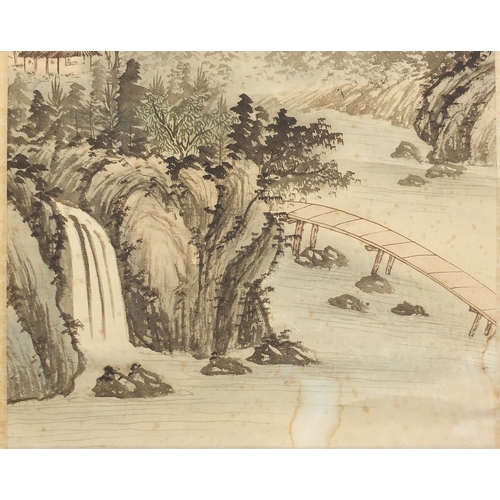 531 - Chinese watercolour paper scroll, waterfall landscape, with script and character marks, 102cm x 44cm