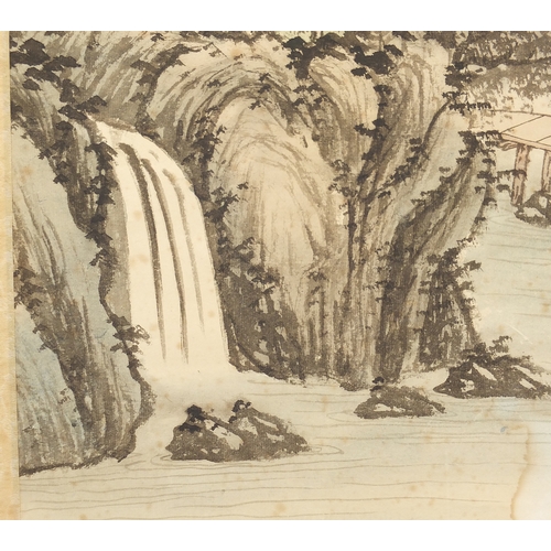 531 - Chinese watercolour paper scroll, waterfall landscape, with script and character marks, 102cm x 44cm