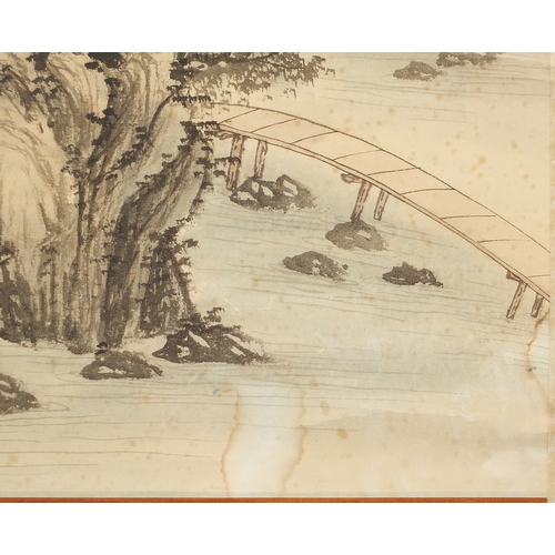 531 - Chinese watercolour paper scroll, waterfall landscape, with script and character marks, 102cm x 44cm