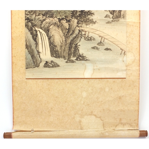 531 - Chinese watercolour paper scroll, waterfall landscape, with script and character marks, 102cm x 44cm