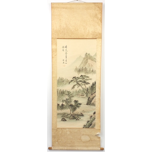 533 - Chinese watercolour paper scroll, waterfall landscape, with script and character marks, 102cm x 44cm