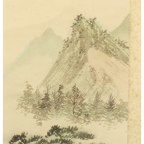 533 - Chinese watercolour paper scroll, waterfall landscape, with script and character marks, 102cm x 44cm