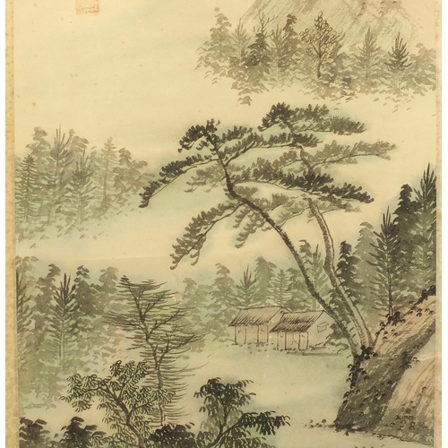 533 - Chinese watercolour paper scroll, waterfall landscape, with script and character marks, 102cm x 44cm