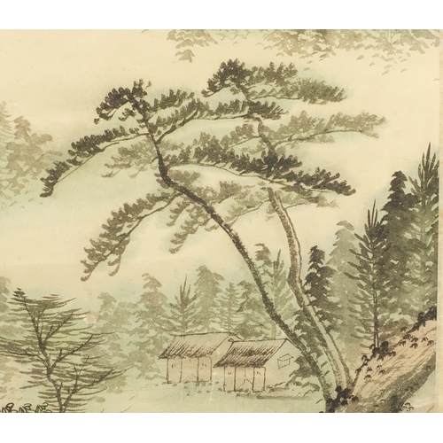 533 - Chinese watercolour paper scroll, waterfall landscape, with script and character marks, 102cm x 44cm