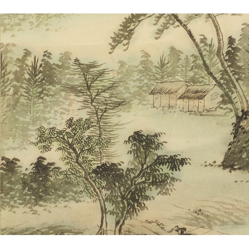 533 - Chinese watercolour paper scroll, waterfall landscape, with script and character marks, 102cm x 44cm