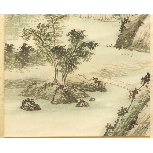 533 - Chinese watercolour paper scroll, waterfall landscape, with script and character marks, 102cm x 44cm