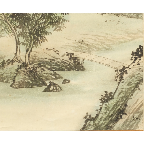 533 - Chinese watercolour paper scroll, waterfall landscape, with script and character marks, 102cm x 44cm