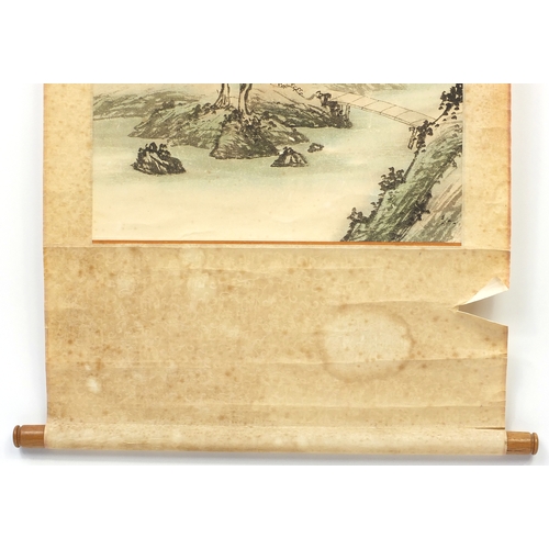 533 - Chinese watercolour paper scroll, waterfall landscape, with script and character marks, 102cm x 44cm