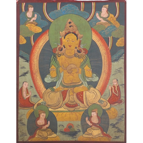 540 - Two Tibetan watercolour on silk Thang-Ga, both with deities, the largest 70cm x 49cm